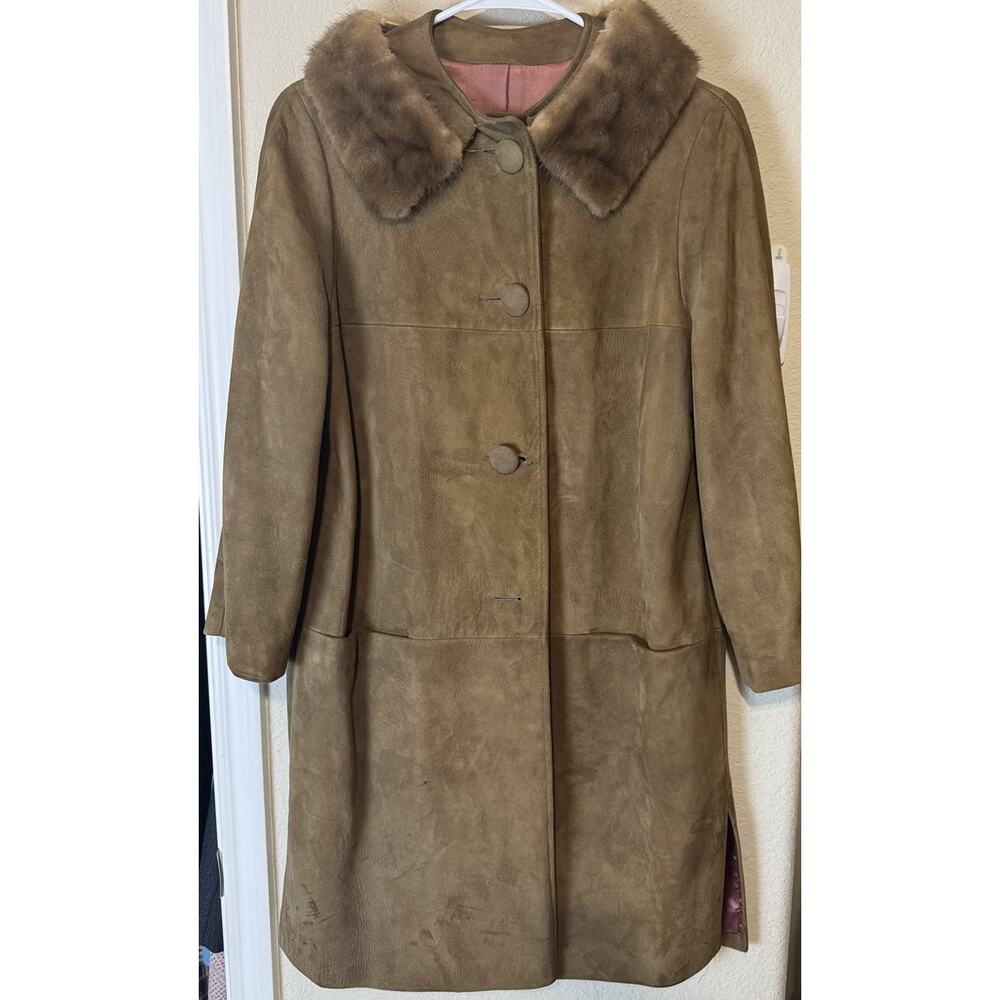 VTG 60s Annshire Brown‎ Suede Coat Fur collar USA ILGWU Women's Sz M Old Money
